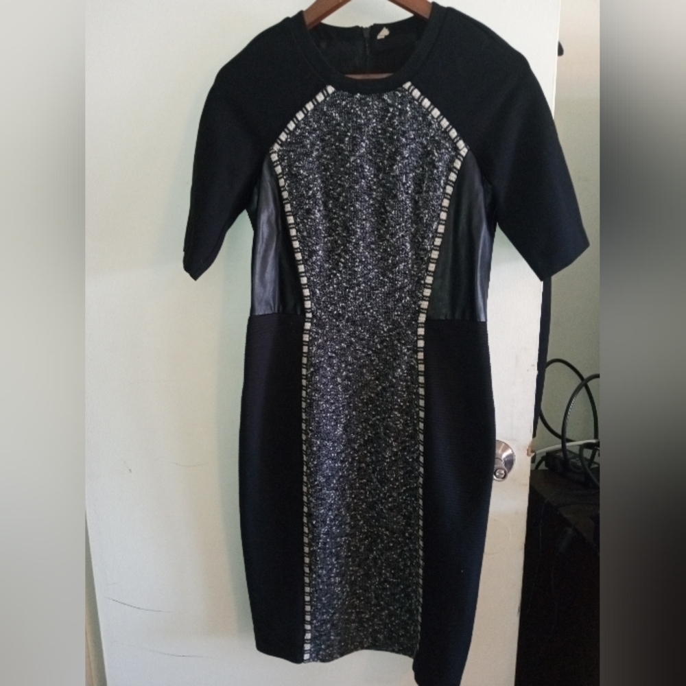 Beautiful luxurious mixed media black dress Tweed leather texture